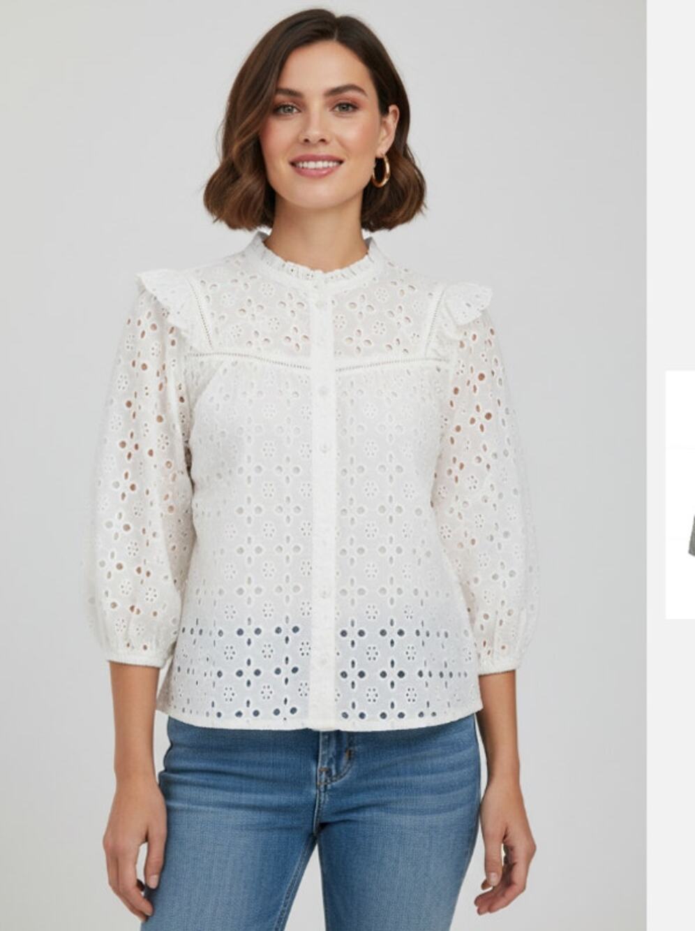 Cece White Eyelet Lace Button Down Blouse Ruffle Trim Scalloped Top Size 2X